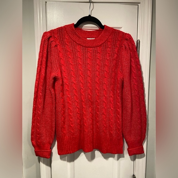 NWT Crown & Ivy Size SP Red Cable knit Puff Sleeve Pullover Crew Neck Seeater - Picture 1 of 10